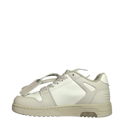 Luxury Chef OFF-WHITE OUT OF OFFICE white leather low-top sneakers with beige accents and signature tag.