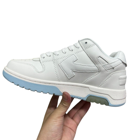 Luxury Chef Off-White Out of Office white leather sneakers with light blue sole and signature arrow logo.