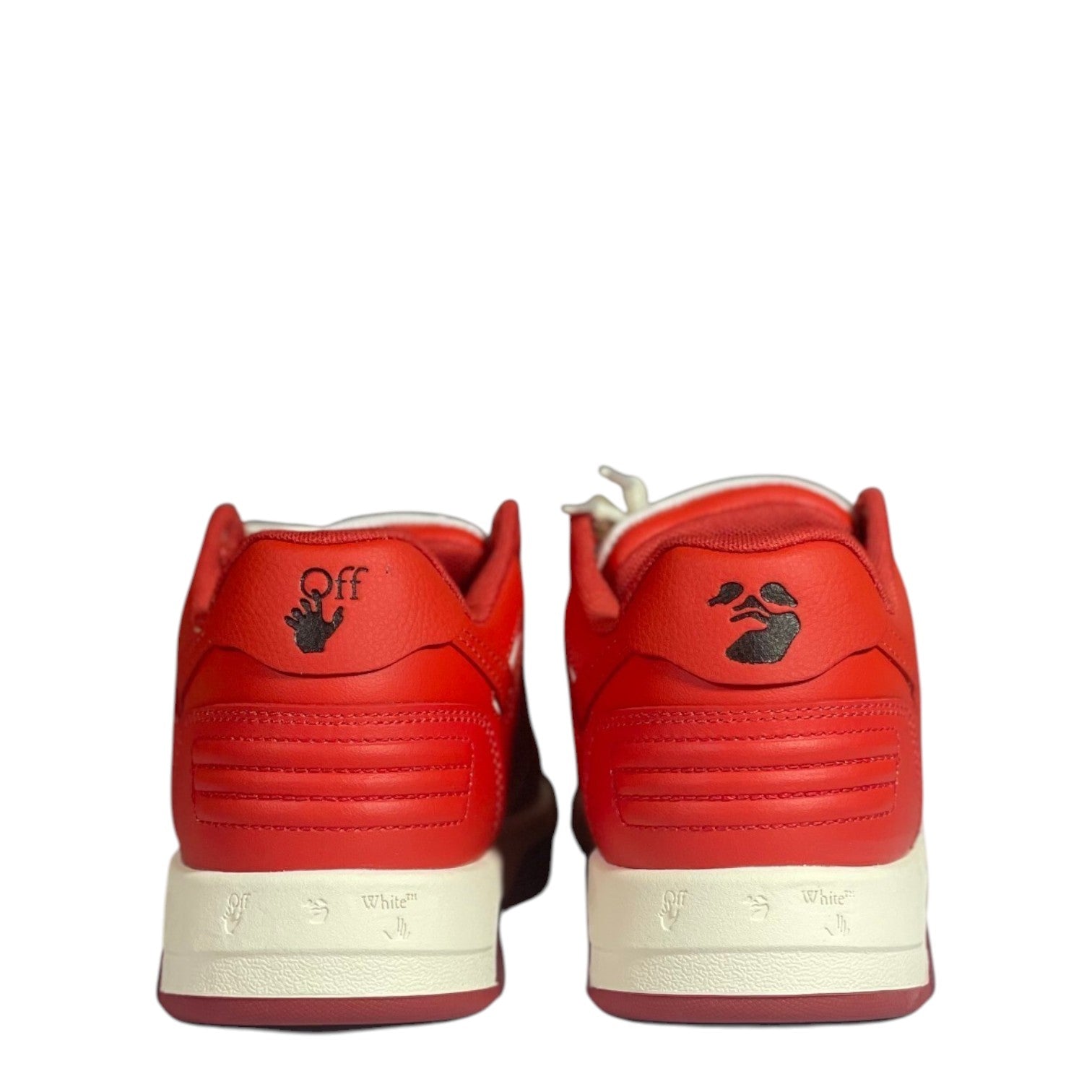 Luxury Chef Off-White Out of Office red leather sneakers with cream soles and black logo details.