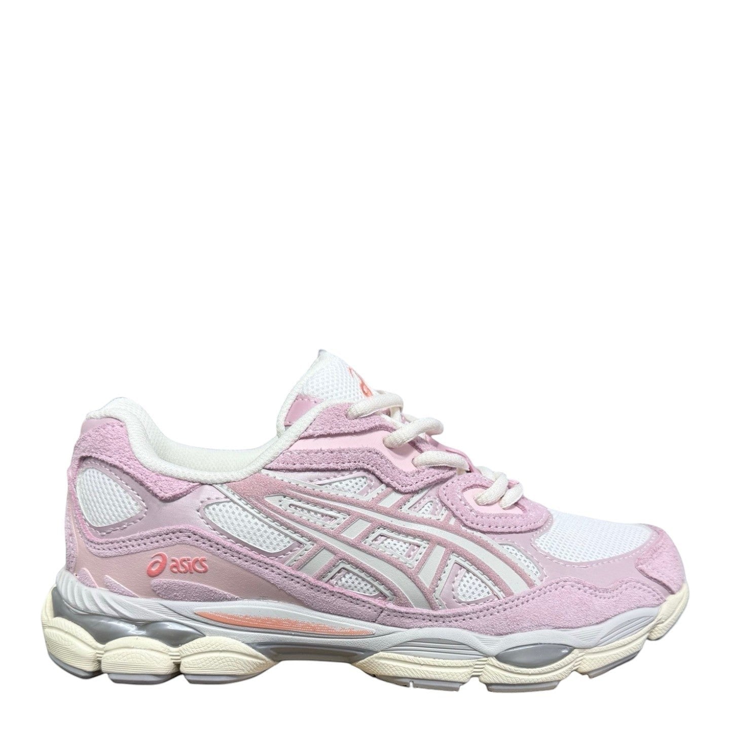 Luxury Chef pink and white suede and mesh Asics GEL-NYC sneakers with cream soles and orange accents.