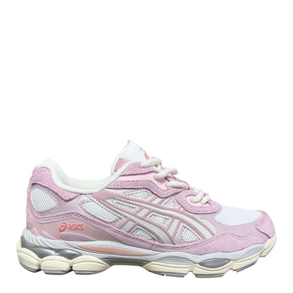 Luxury Chef pink and white suede and mesh Asics GEL-NYC sneakers with cream soles and orange accents.