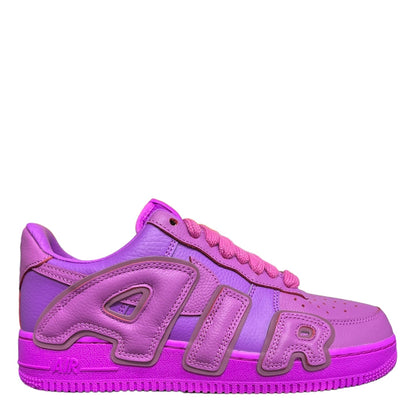 Luxury Chef Air Force 1 CPFM sneakers in purple leather with bold AIR lettering and pink laces.