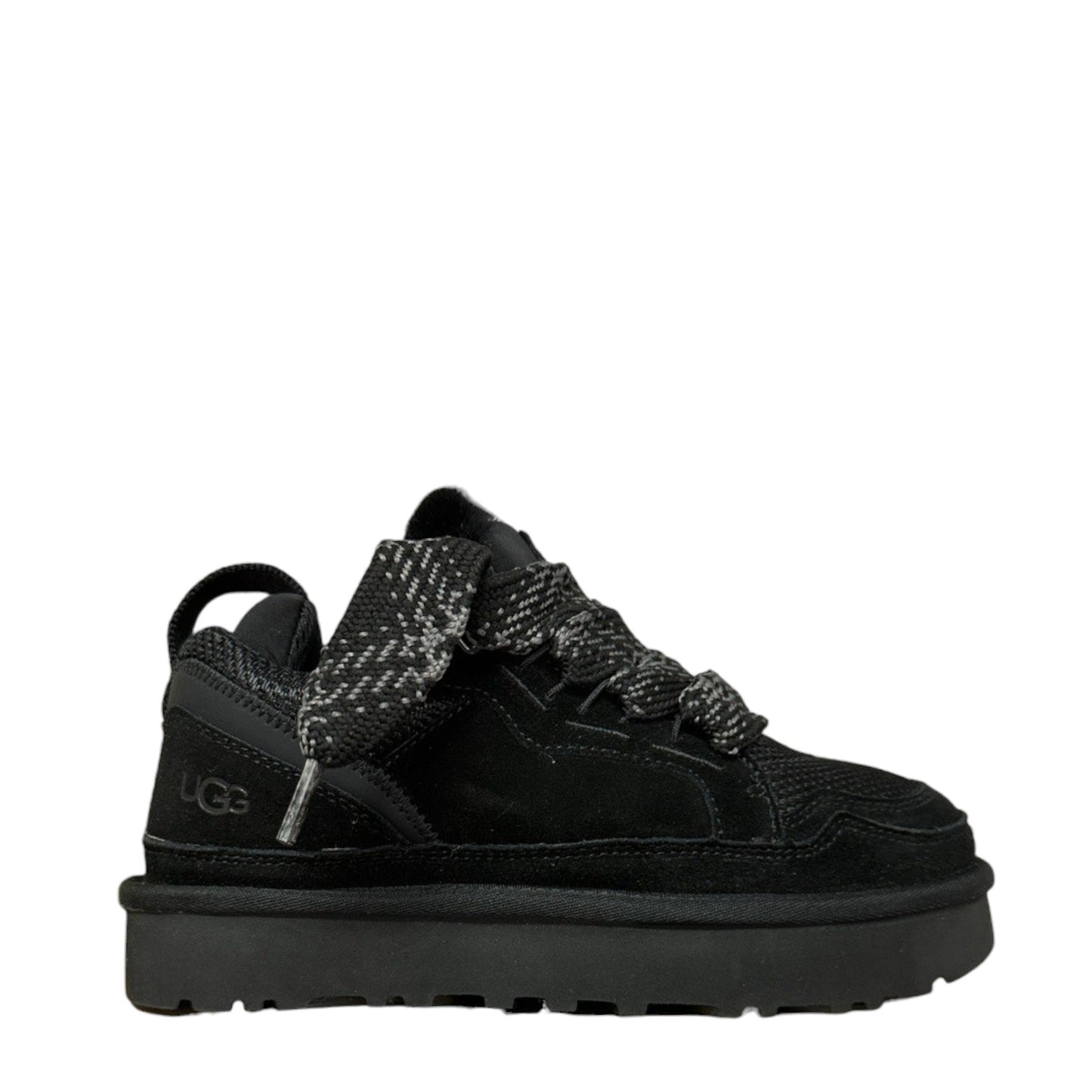 Luxury Chef UGG LOWMEL black suede and mesh platform sneakers with patterned laces.