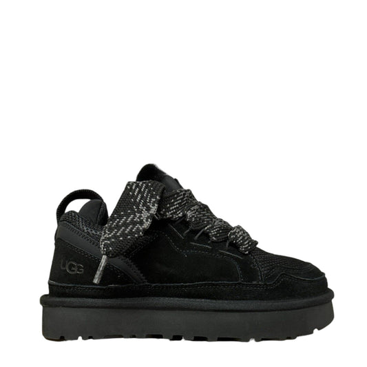 Luxury Chef UGG LOWMEL black suede and mesh platform sneakers with patterned laces.