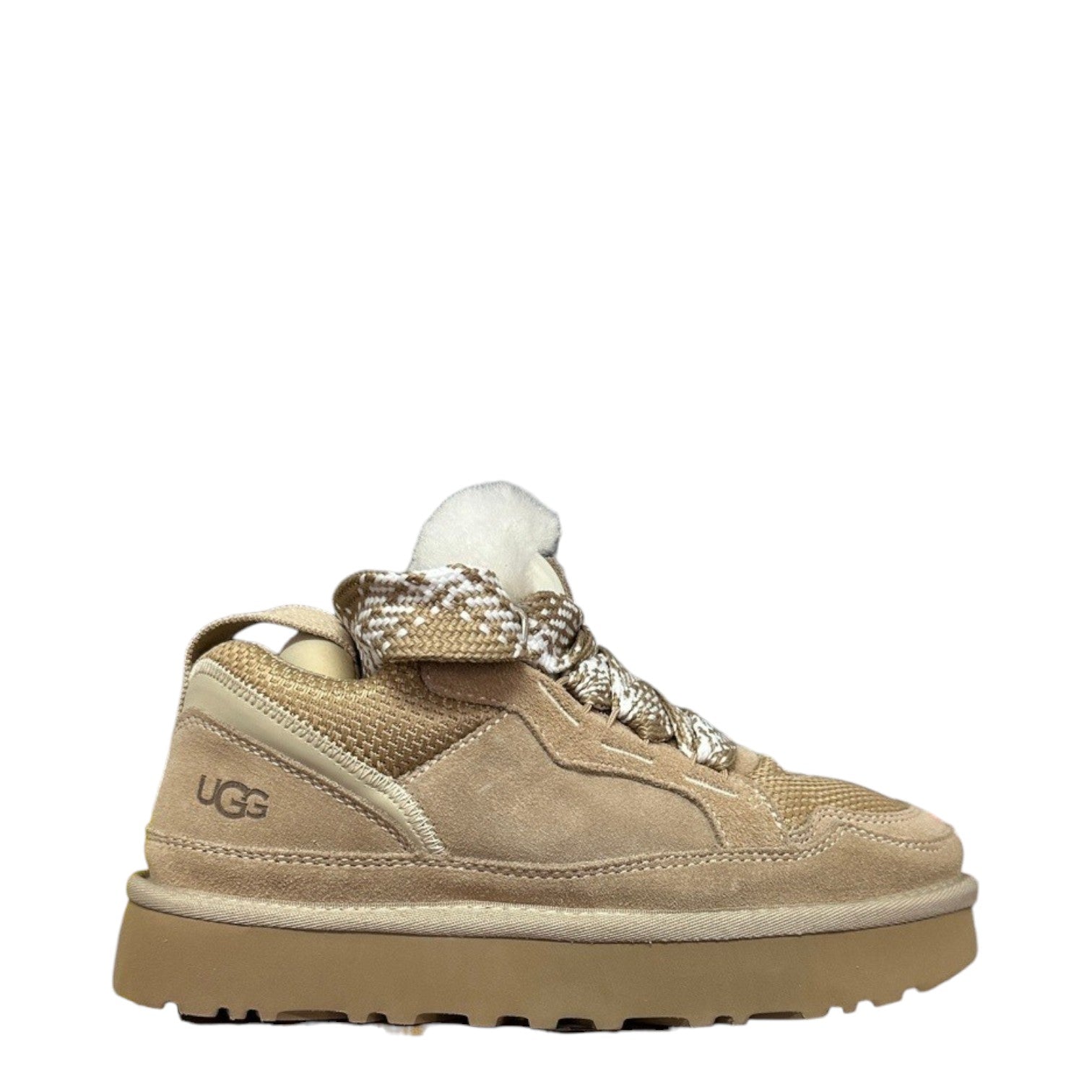 Luxury Chef UGG LOWMEL tan suede and mesh sneakers with patterned laces and fluffy trim.