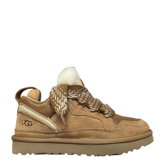 Luxury Chef UGG LOWMEL tan suede sneakers with fluffy trim and patterned laces.