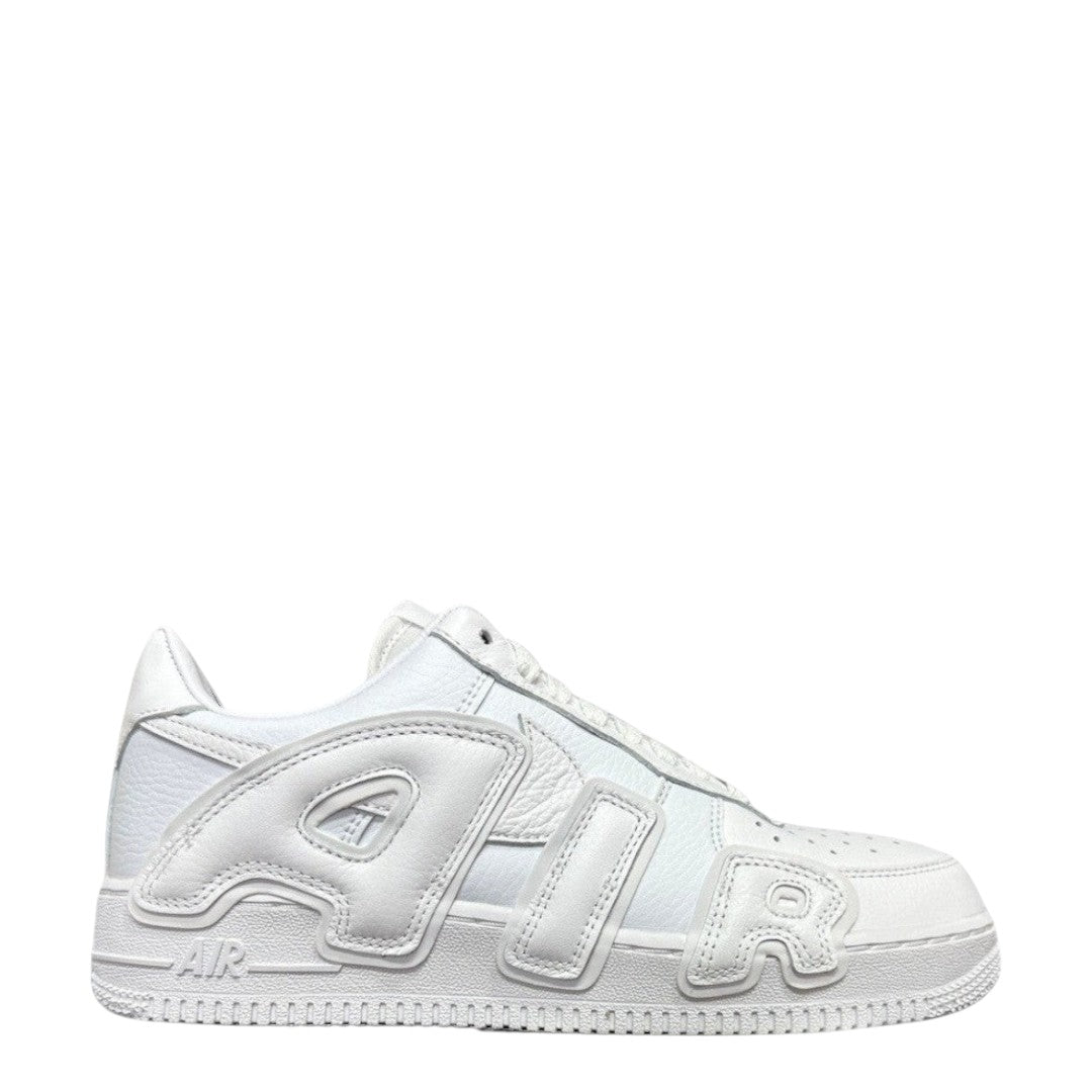 Luxury Chef white leather Air Force 1 CPFM sneakers with bold AIR lettering and textured details.