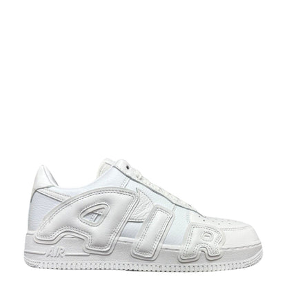 Luxury Chef white leather Air Force 1 CPFM sneakers with bold AIR lettering and textured details.
