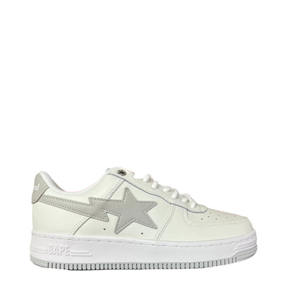 Luxury Chef white leather low-top sneakers with grey BAPE star logo and BAPE branding on the sole.