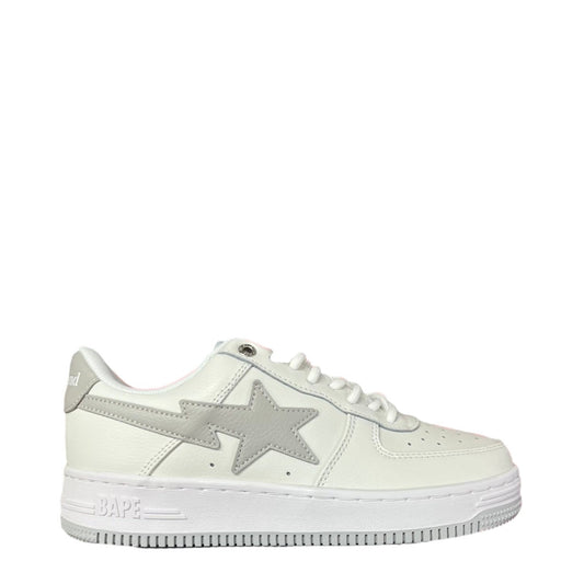 Luxury Chef white leather low-top sneakers with grey BAPE star logo and BAPE branding on the sole.