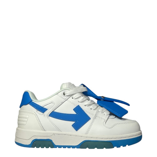 Luxury Chef white leather low-top sneakers with blue arrow logo and accents, lace-up closure.