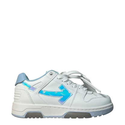 Luxury Chef white leather low-top sneakers with iridescent blue arrows and light blue accents.