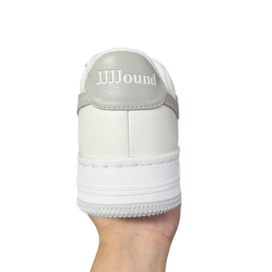 Luxury Chef white leather BAPESTA sneakers with grey heel tab featuring JJJJound logo.