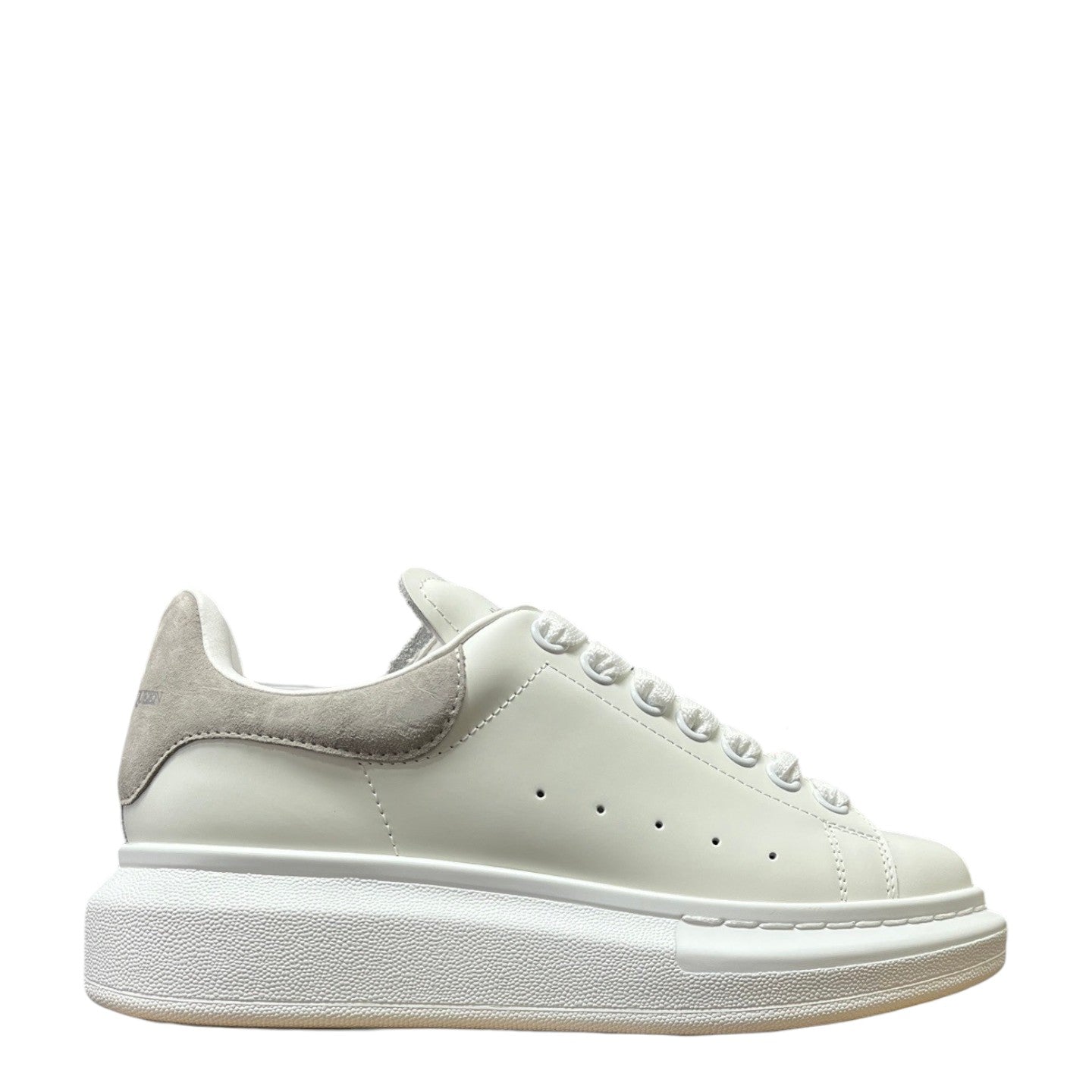 Luxury Chef white leather sneakers with grey suede heel tab and chunky white sole. Classic lace-up design.