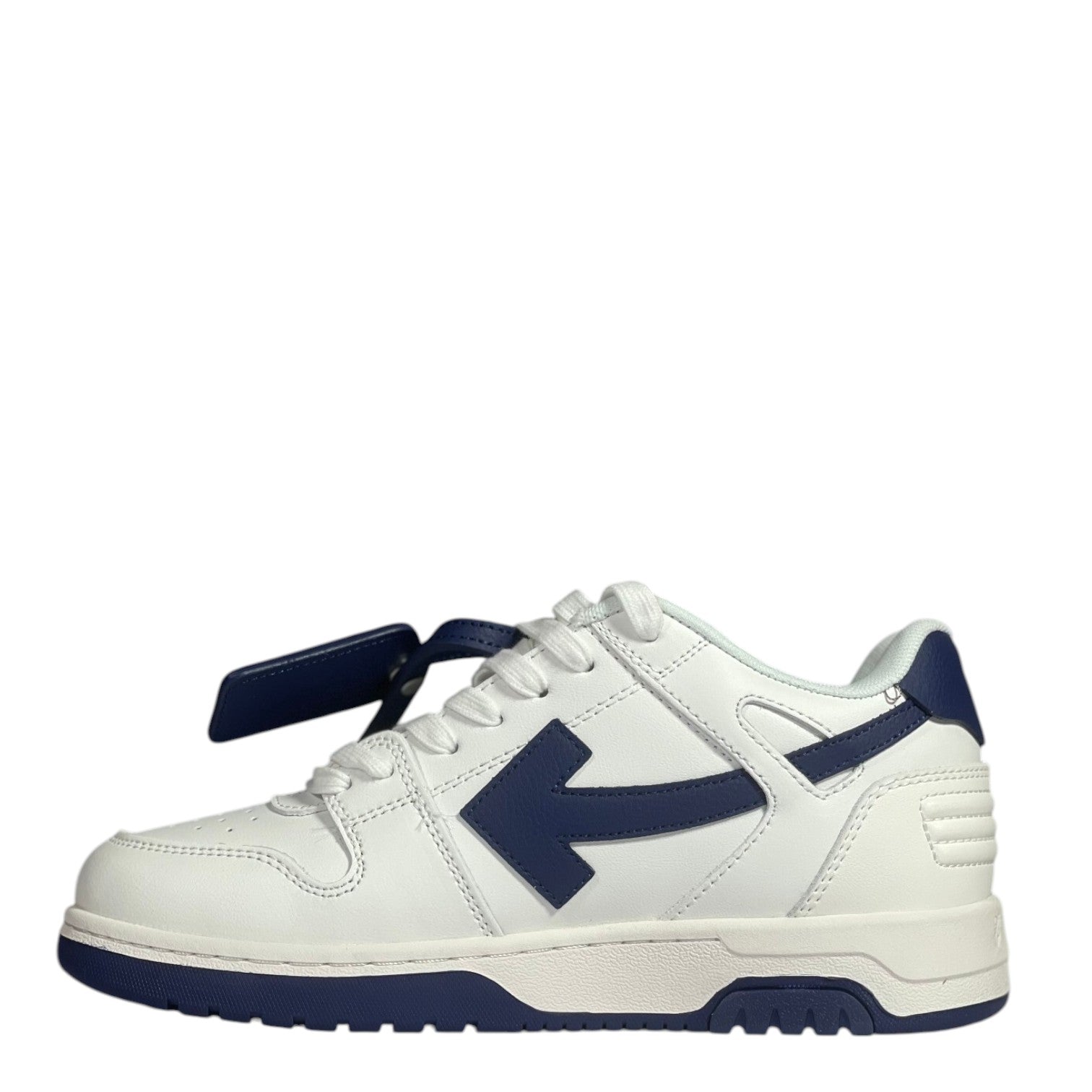 Luxury Chef white leather low-top sneakers with navy blue arrow logo and accents. Lace-up closure.