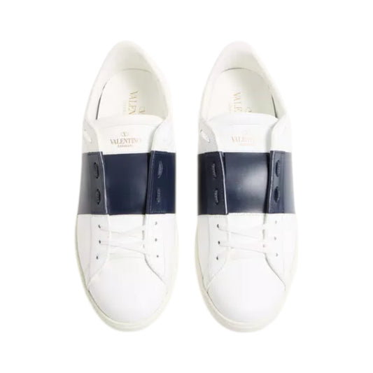 Luxury Chef white leather sneakers with navy blue band and white laces. Valentino Garavani.
