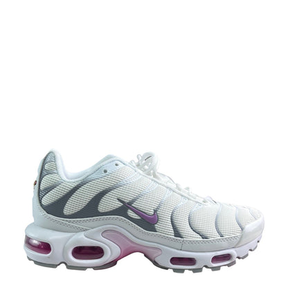 Luxury Chef white Nike Air Max Plus TN sneakers with grey accents and purple swoosh, pink cushioning.