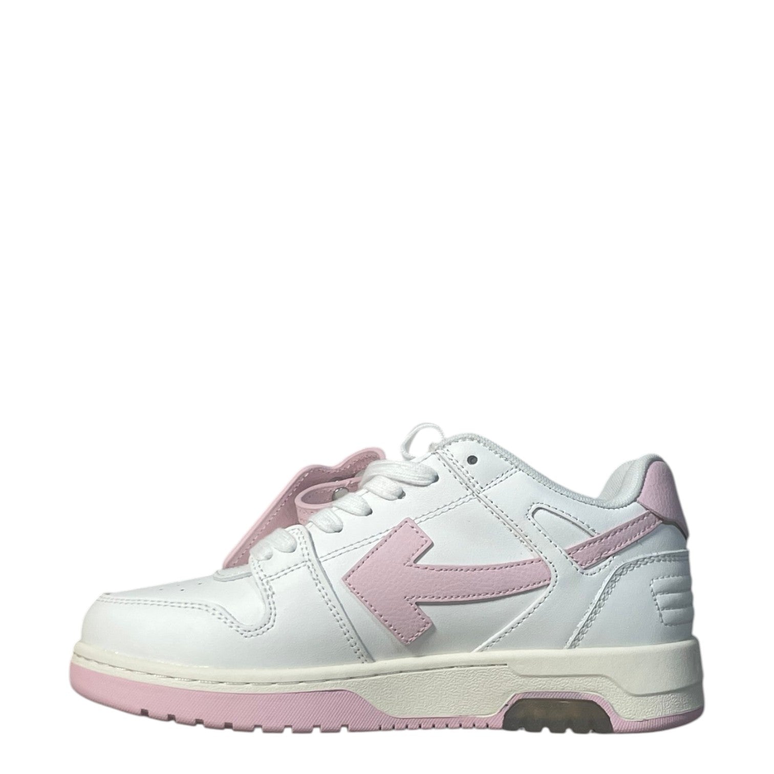 Luxury Chef white leather low-top sneakers with pink arrow logo and sole detail.