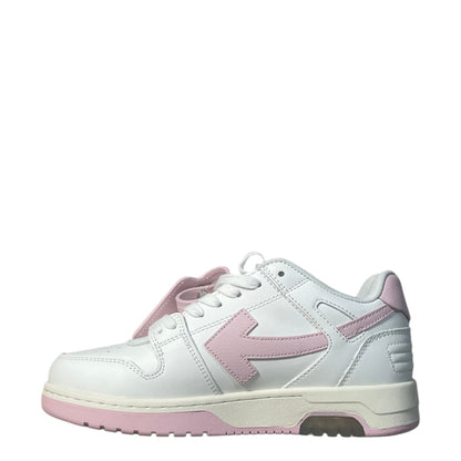 Luxury Chef white leather low-top sneakers with pink arrow logo and sole detail.