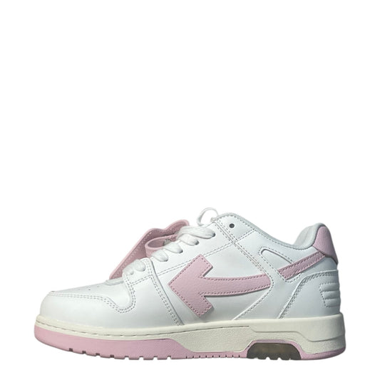 Luxury Chef white leather low-top sneakers with pink arrow logo and sole detail.