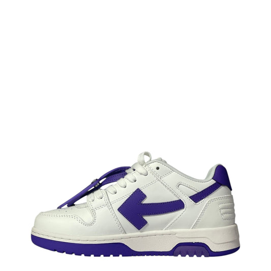 Luxury Chef white leather sneakers with purple arrow logo and accents. Lace-up closure.