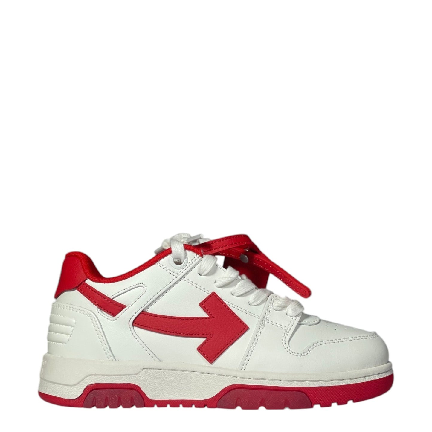 Luxury Chef white leather sneakers with red accents and signature arrow logo. Lace-up closure.