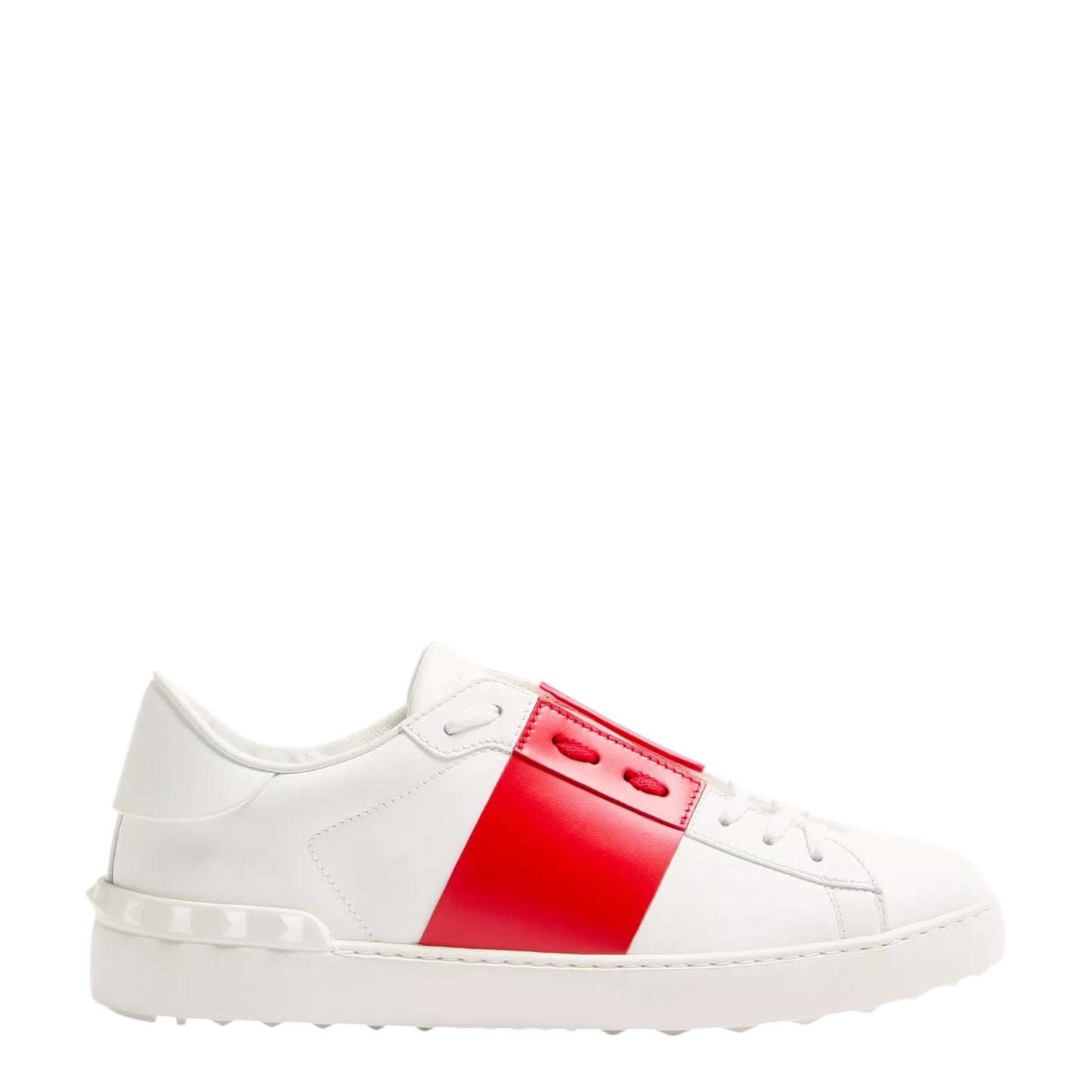 Luxury Chef white leather sneakers with red stripe detail and signature stud sole.