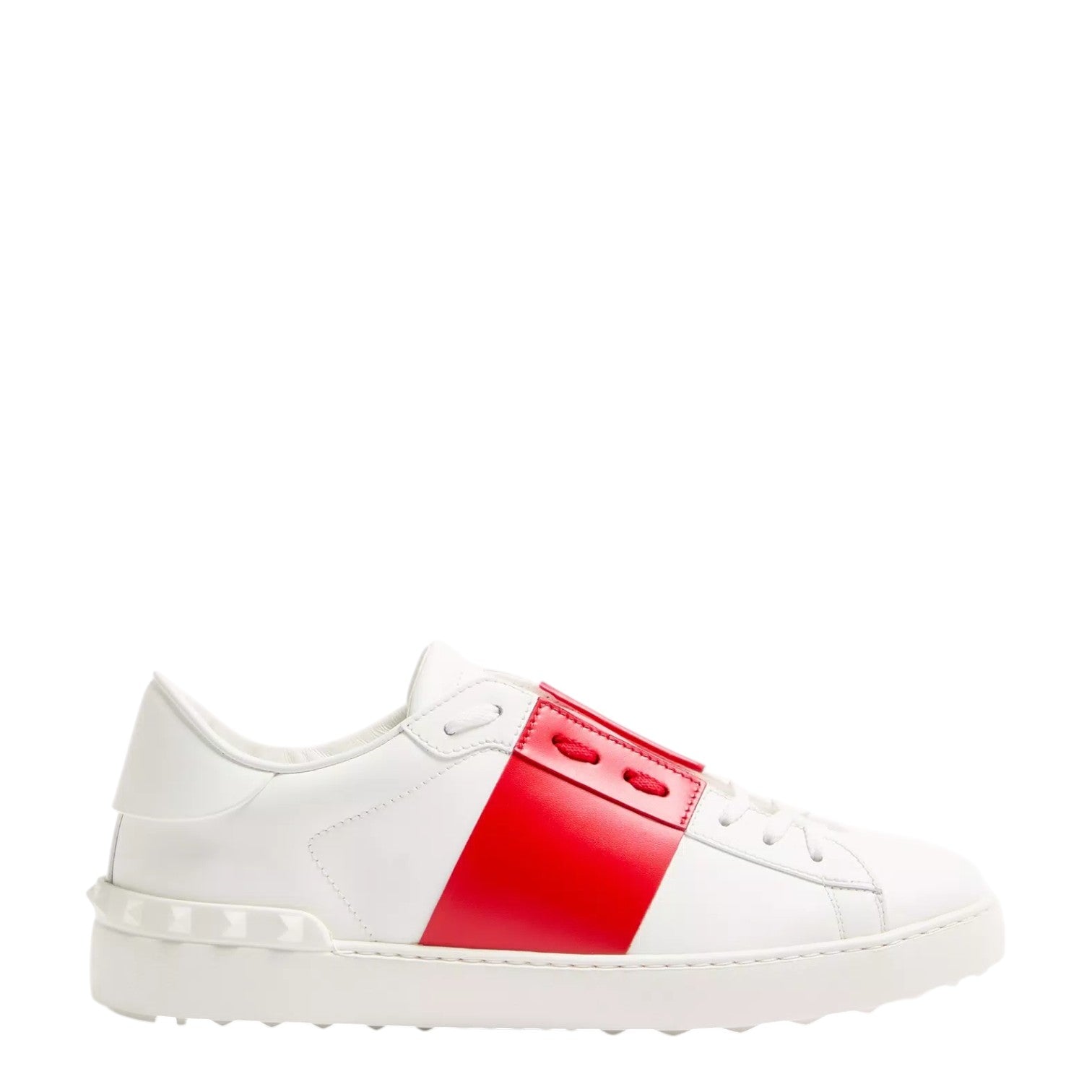 Luxury Chef white leather sneakers with red stripe detail and signature stud sole.
