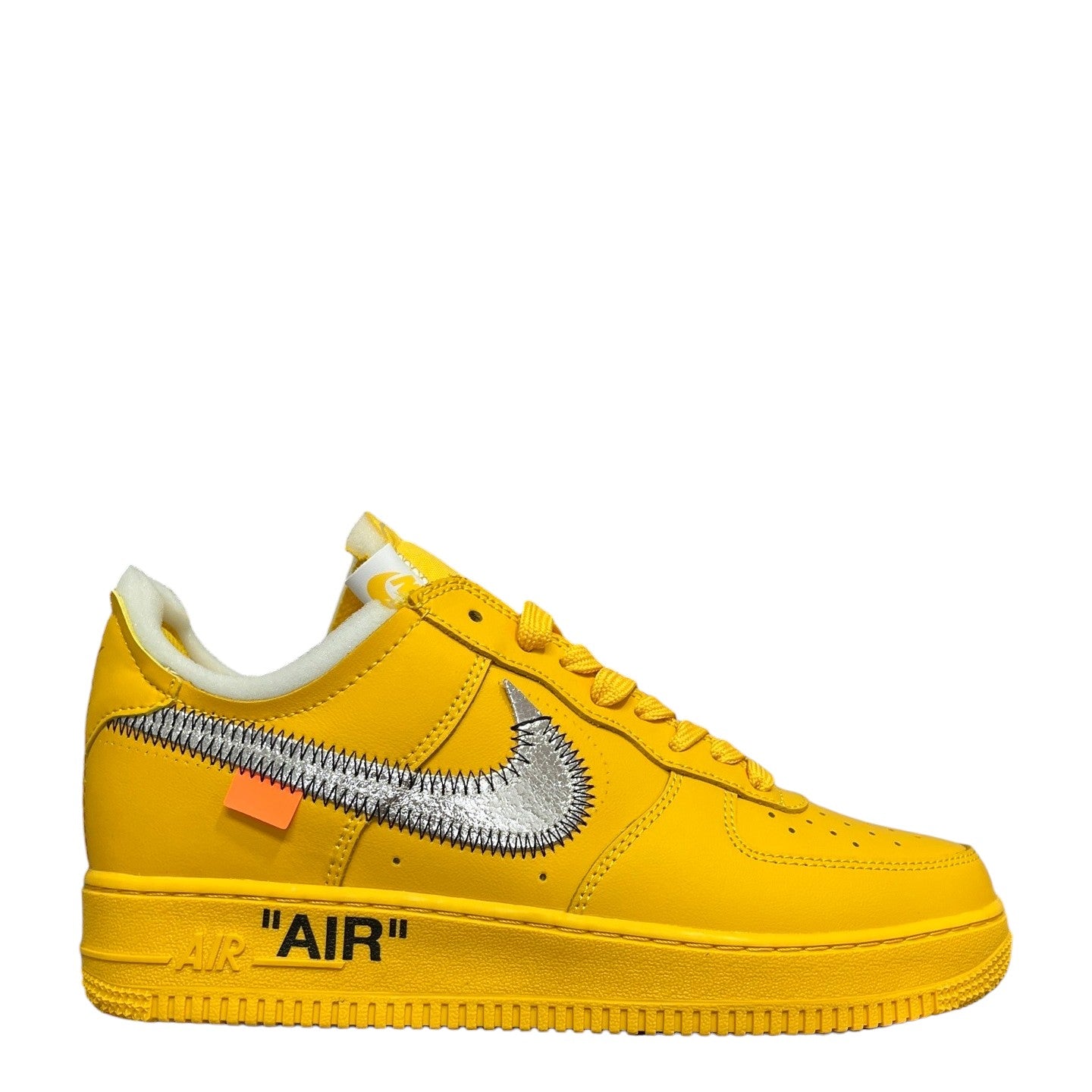 Luxury Chef yellow leather Nike Air Force 1 Low Off-White sneakers with silver swoosh and orange tag.